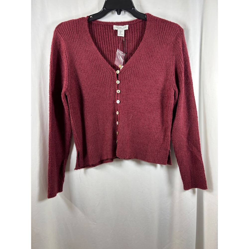Rachel Zoe Womens Burgundy Ribbed Knit V-Neck Button Front Cardigan Size L NWT